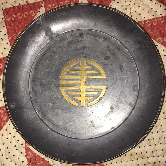 Pewter brass heavy Cat food dish Asian plate - Picture 1 of 5